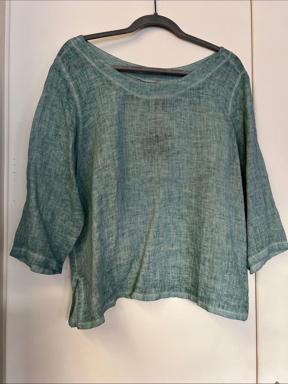 Inizio Blue Green Relaxed Boatneck Linen Top Blouse Shirt Large Women NWT